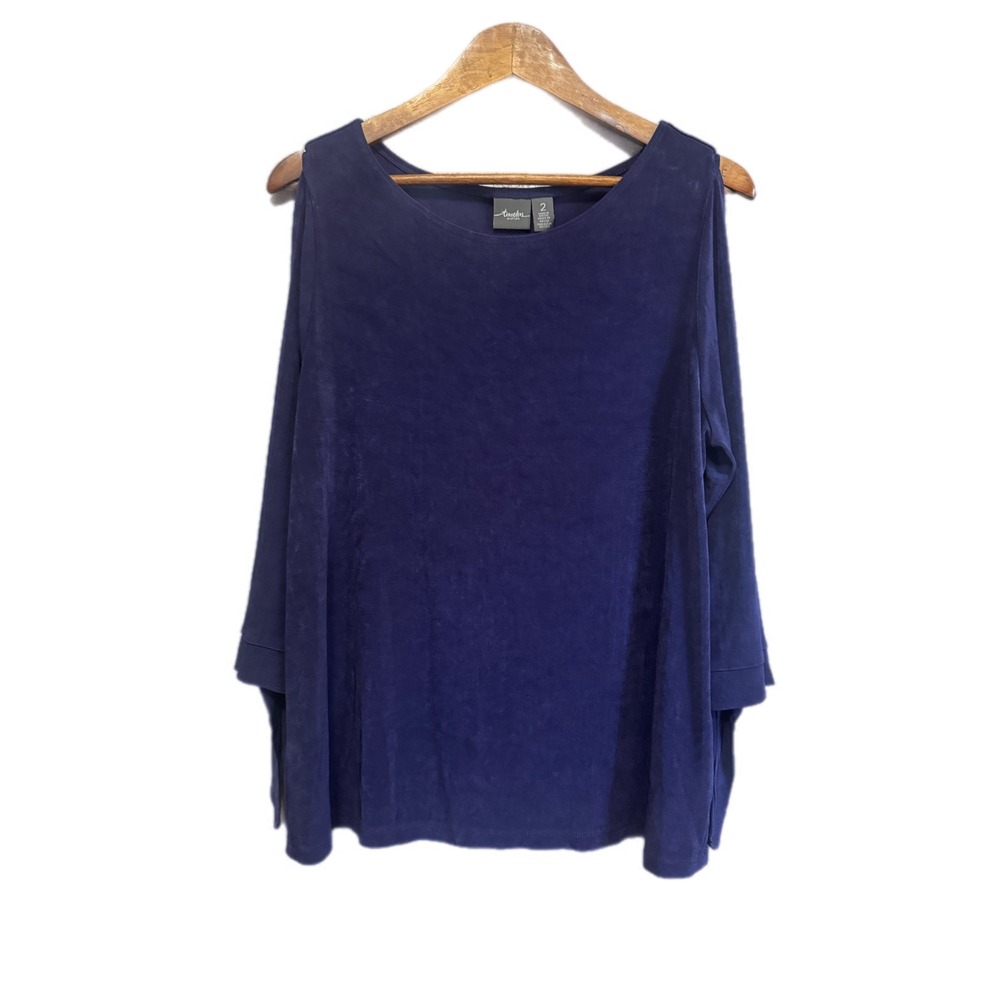 Chico Travelers Cold Shoulder Top Women Size 2 Large Navy Blue Excellent Stretch